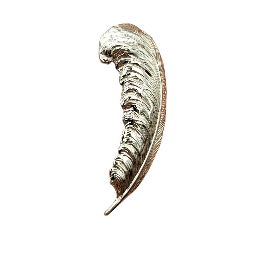 Silver Tone Repousse Feather Plume Fashion Brooch Scarf Lapel Pin 2.59 Inch - Picture 2 of 3